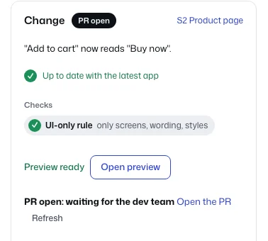 The change card says PR open: waiting for the dev team, with a link to open the pull request.